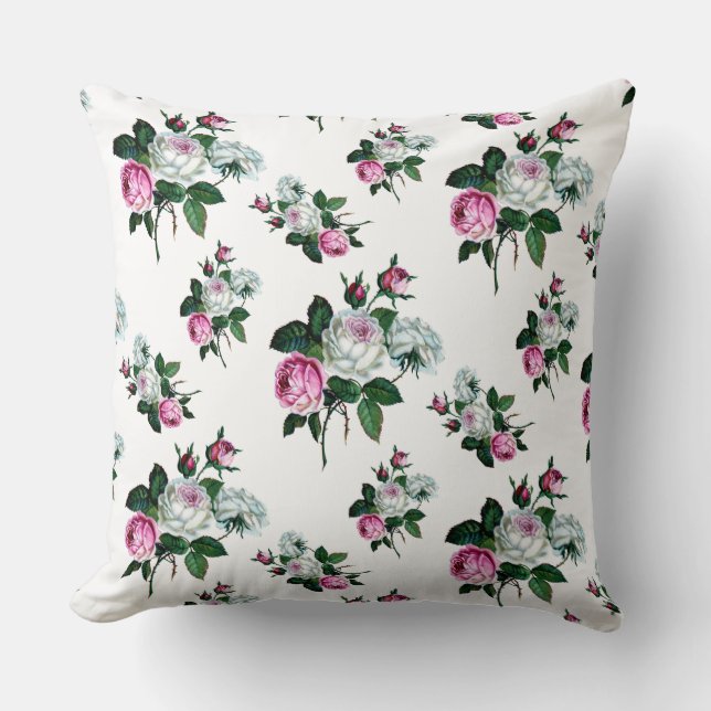 Vintage Shabby Chic Pink White Roses Pattern Cushion (Front)
