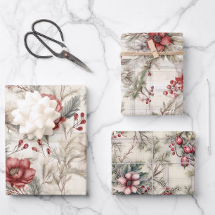 Vintage Shabby Chic Plaid Floral Berry Mix Wrapping Paper Sheet