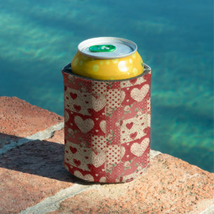 Vintage Shabby Chic Red Patchwork Pattern Can Cooler