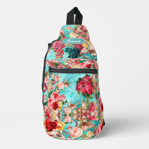 Vintage shabby chic roses and vase blue printed sling bag