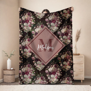 Vintage shabby chic roses black diamond pattern fleece blanket