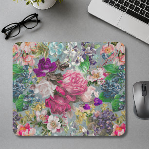 Vintage shabby chic roses blue pink pattern mouse pad