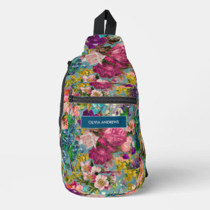 Vintage shabby chic roses blue pink pattern sling bag