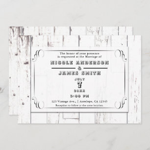 Vintage Shabby Chic Swirl White Wood Barn Wedding Invitation
