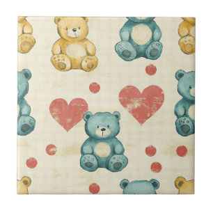 Vintage Shabby Chic Teddy Bear Gingham Pattern (1) Ceramic Tile