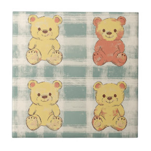 Vintage Shabby Chic Teddy Bear Gingham Pattern (2) Ceramic Tile
