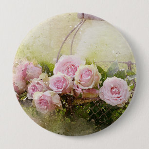 Vintage Shabby Chic Watercolour Pink Roses In Bas 10 Cm Round Badge