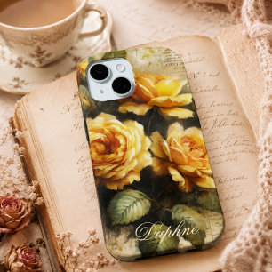 Vintage Shabby Chic Yellow Rose Custom Name iPhone 15 Case