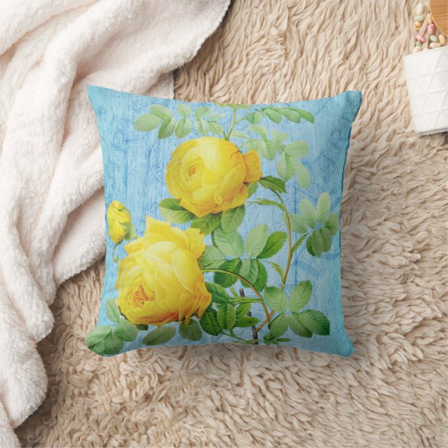 Vintage Shabby Chic Yellow Roses On Blue Cushion (Blanket)