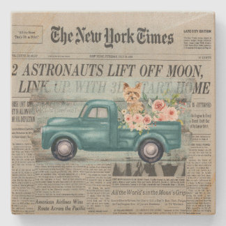 Vintage Shabby Chic Yorkie And Truck Ephemera Stone Coaster