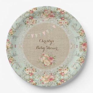 Vintage Shabby Floral Burlap Lace Custom Paper Plate