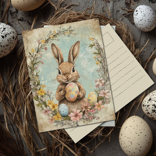 Vintage Shabby Watercolor Easter Bunny Flowers Postcard