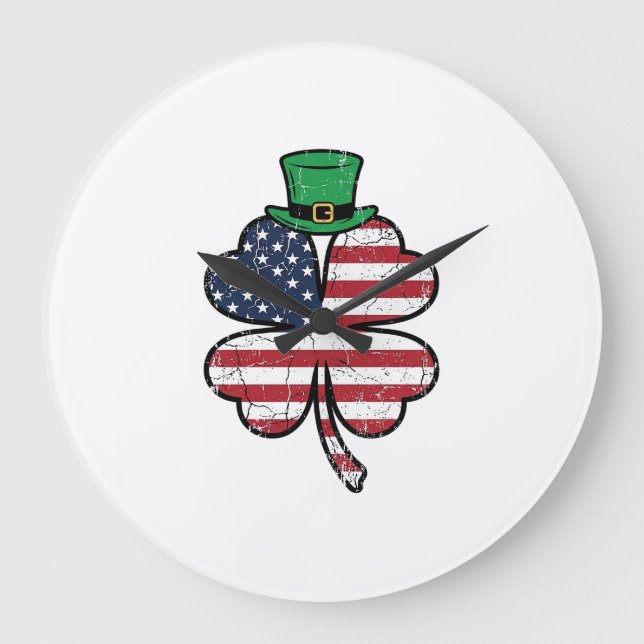 Vintage Shamrock Flag St. Patricks Day Large Clock (Front)