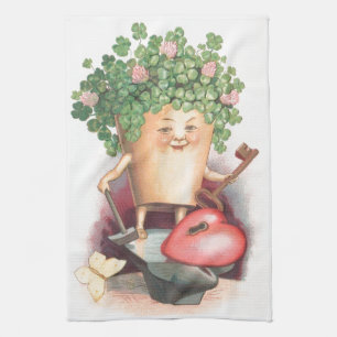 Vintage Shamrock Heart and Key St Patrick's Day Tea Towel