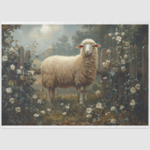 Vintage Sheep Among White Flowers Painting Tissue Paper
