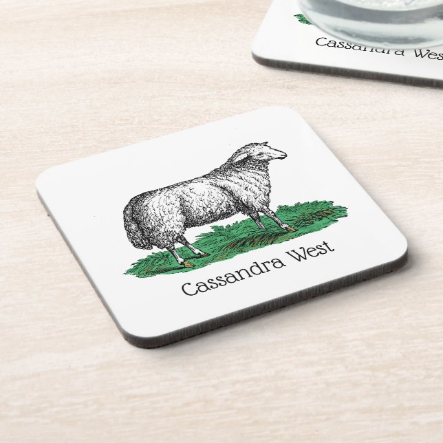 Vintage Sheep Ewe Farm Animals Drawing C Coaster (Left Side)