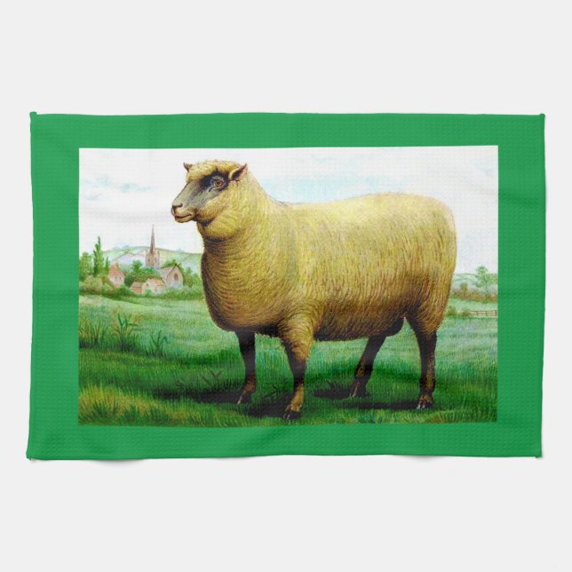 Vintage sheep green grass pasture  tea towel (Horizontal)