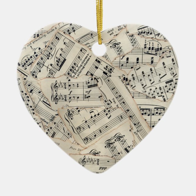 Vintage Sheet Music Paper Collage Ceramic Ornament (Front)