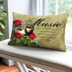 Vintage Sheet Music Quote Violin Red Rose and Bird Decorative Cushion