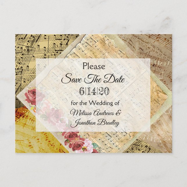 Vintage Sheet Music & Rose Save the Date Postcard (Front)
