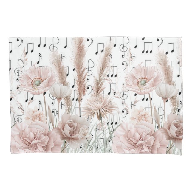 Vintage Sheet Music With Pink Peony Wildflowers Pillowcase (Front)