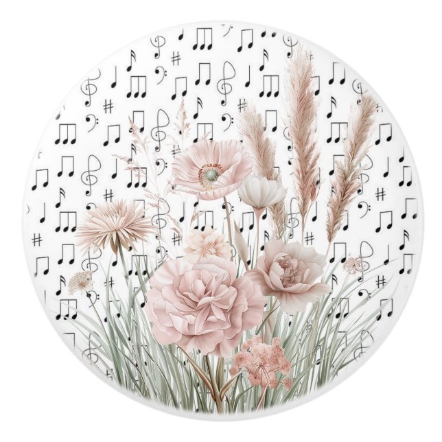 Vintage Sheet Music with Pink Wildflowers Ceramic Knob (Front)