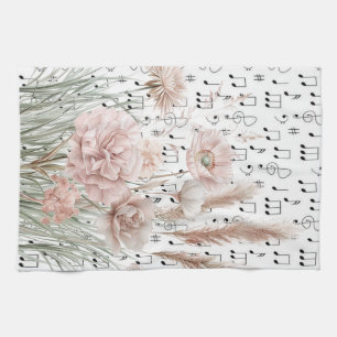 Vintage Sheet Music with Pink Wildflowers Tea Towel