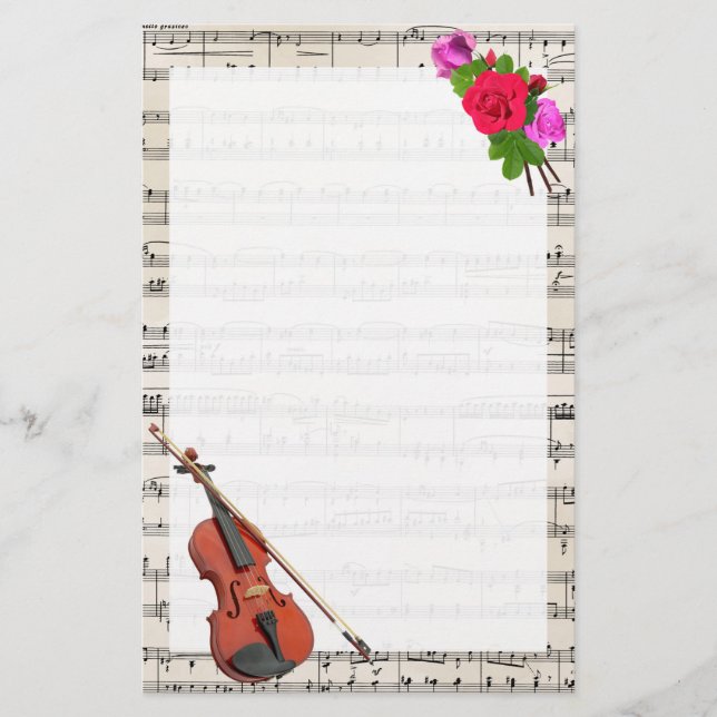 Vintage Sheet Music with Violin and Roses Stationery (Front)