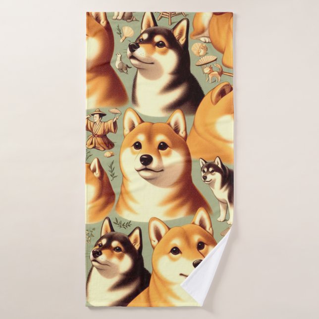 Vintage Shiba Inu Seamless Pattern Bath Towel (Bath Towel)