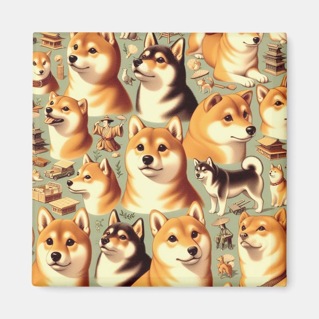 Vintage Shiba Inu Seamless Pattern Magnet (Front)