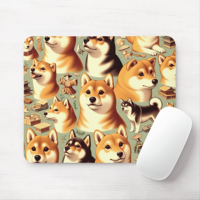 Vintage Shiba Inu Seamless Pattern Mouse Pad (With Mouse)