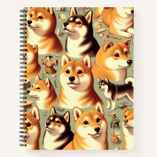 Vintage Shiba Inu Seamless Pattern Notebook (Front)