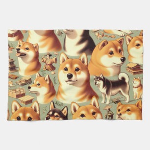 Vintage Shiba Inu Seamless Pattern Tea Towel
