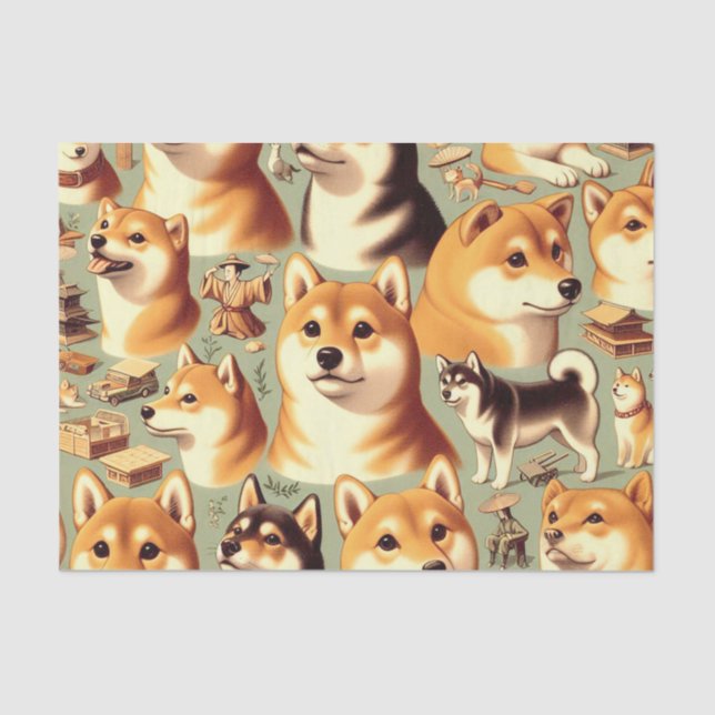 Vintage Shiba Inu Seamless Pattern Tissue Paper (Front)