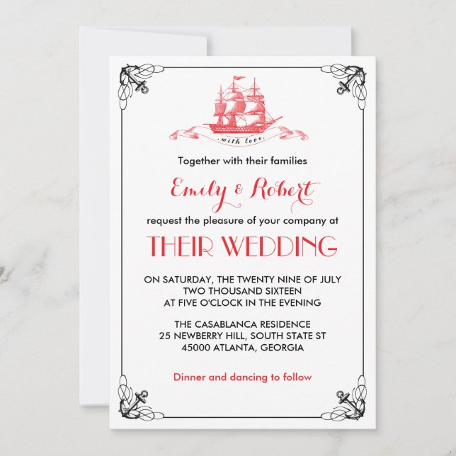 Vintage Ship Anchor Wedding Invitation Black Red (Front)