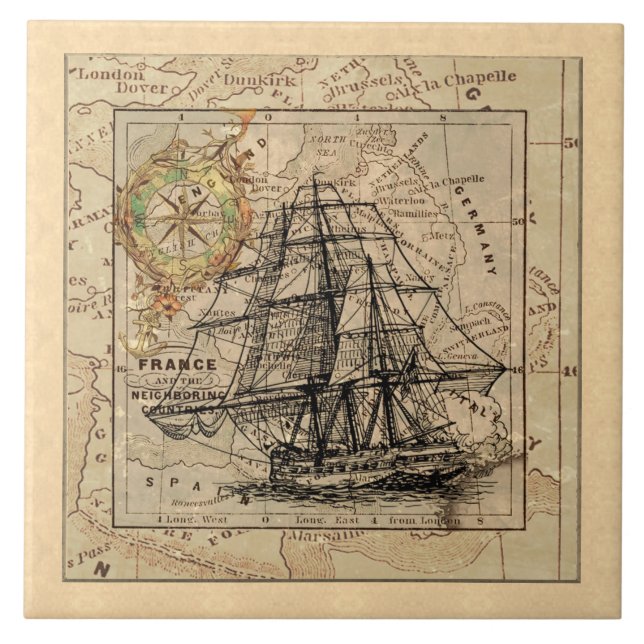 Vintage Ship And Map Ceramic Tile (Front)