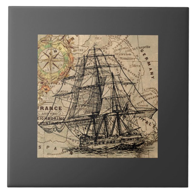 Vintage Ship And Map Ceramic Tile (Front)