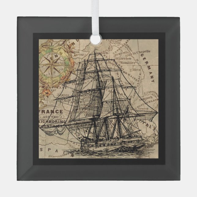 Vintage Ship And Map Glass Tree Decoration (Front)