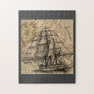 Vintage Ship And Map Jigsaw Puzzle