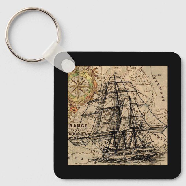 Vintage Ship And Map Key Ring (Front)