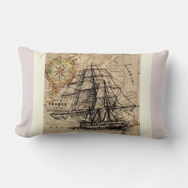Vintage Ship And Map Lumbar Cushion (Front)