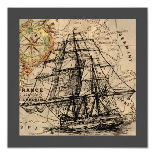 Vintage Ship And Map Photo Print