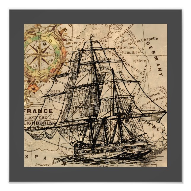Vintage Ship And Map Photo Print (Front)
