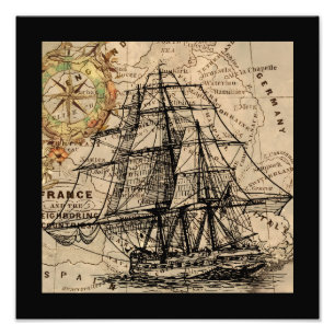 Vintage Ship And Map Photo Print