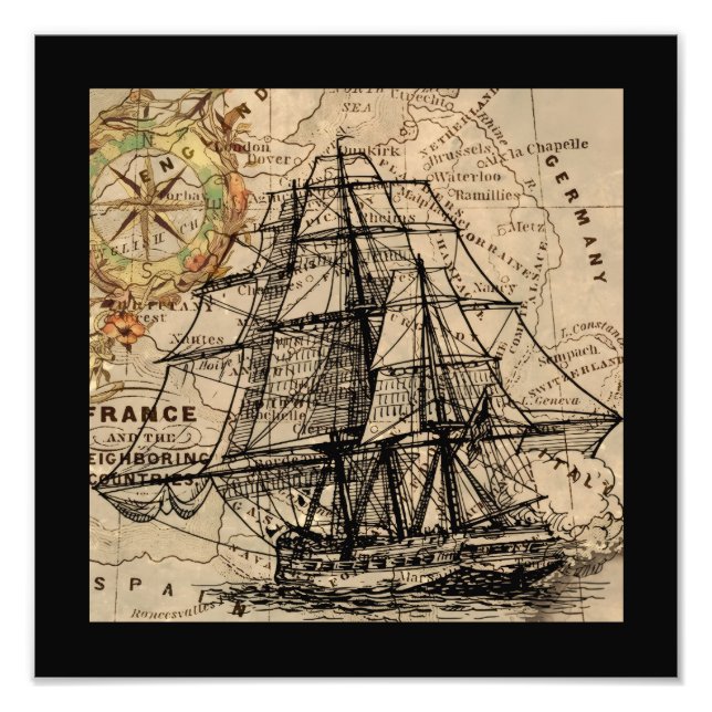 Vintage Ship And Map Photo Print (Front)
