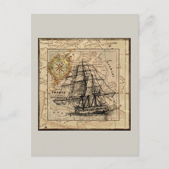 Vintage Ship And Map Postcard (Front)