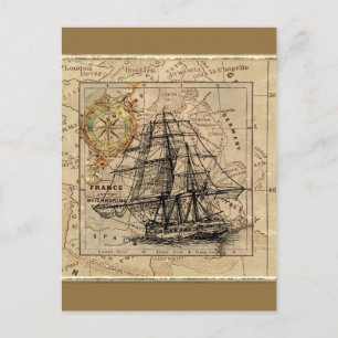 Vintage Ship And Map Postcard