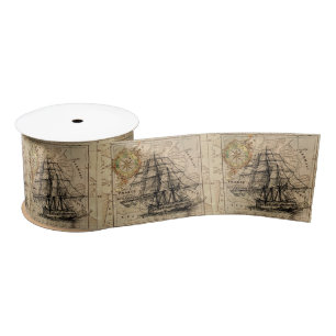 Vintage Ship And Map Satin Ribbon