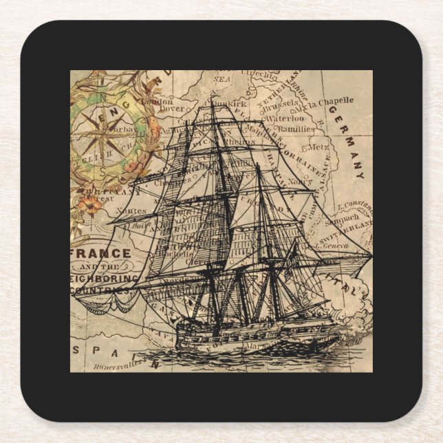 Vintage Ship And Map Square Paper Coaster (Front)