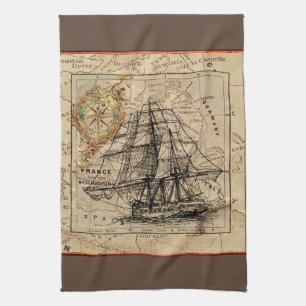 Vintage Ship And Map Tea Towel